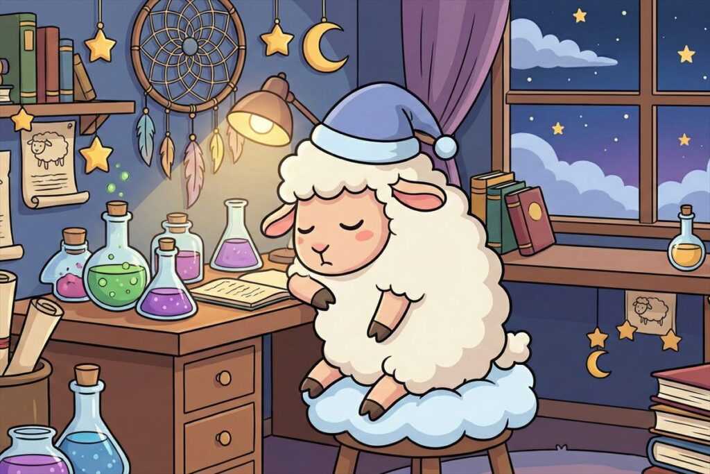 研究室でまどろんでるひつじ君