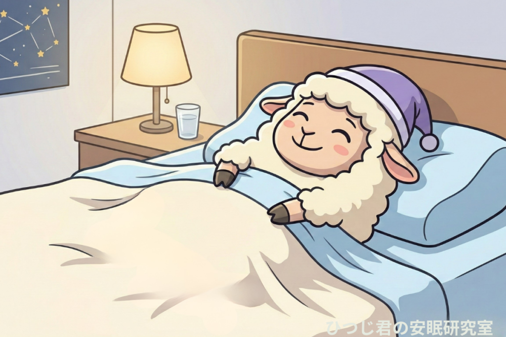 自分に合った枕でぐっすり眠るひつじ君のイラスト｜理想の高さと正しい枕選び