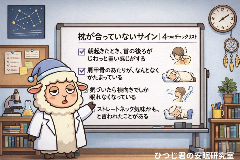 枕が合っていないサインを解説する4つのチェックリストのイラスト｜首や肩の違和感の原因