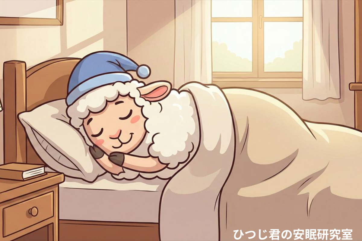 横向きで眠るひつじ君のイラスト 寝る姿勢と睡眠の質
