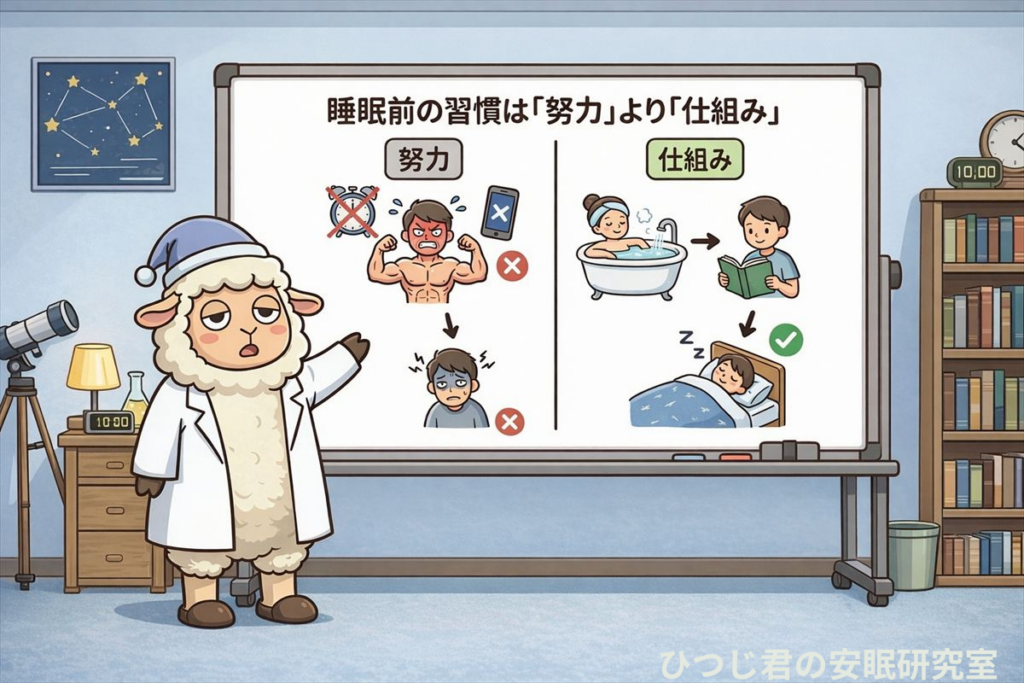 睡眠前の習慣は努力ではなく仕組みで決まることを解説するひつじ君のイラスト|無理な我慢より環境づくりが重要