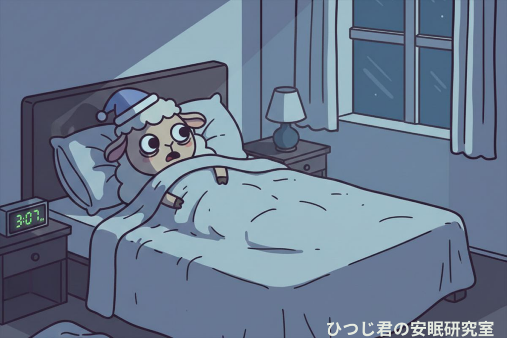 夜中に布団の中で目が冴えて眠れないひつじ君のイラスト|寝る前の習慣が原因で眠れない状態
