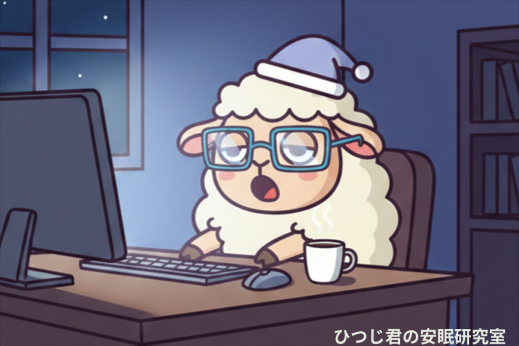 ブルーライトカット眼鏡を使って夜のPC作業をするひつじ君