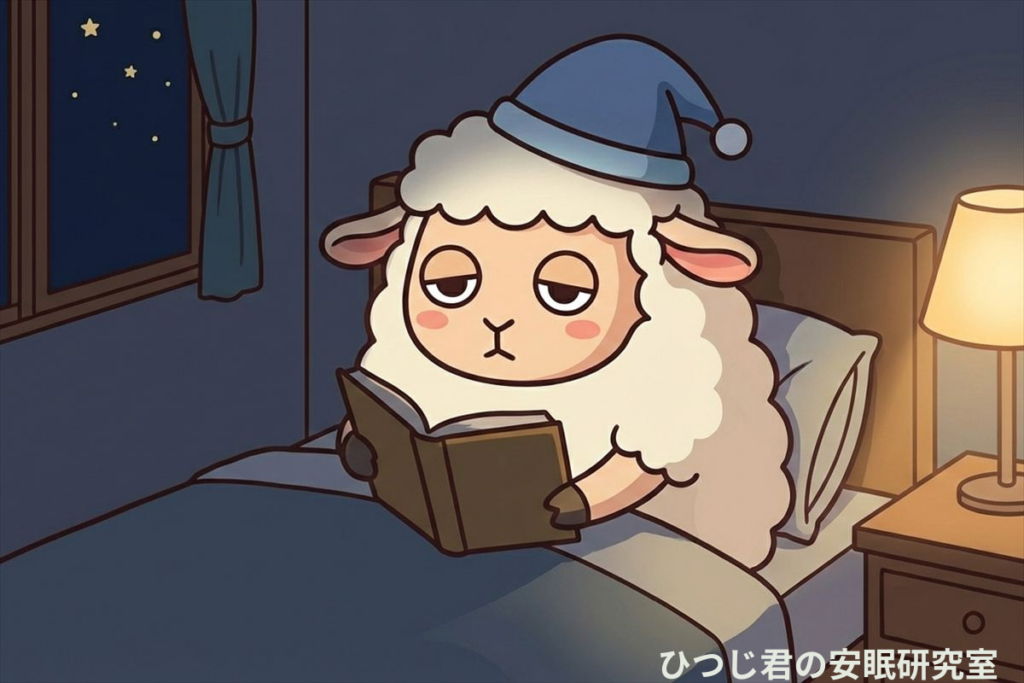 寝る前に紙の本を読んでリラックスするひつじ君のイラスト|光を抑えた読書習慣が睡眠を助ける