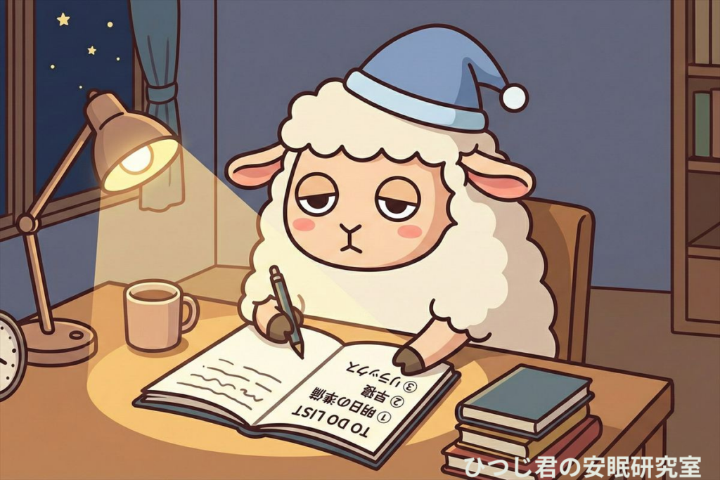 寝る前にTo-Doリストを書いて考え事を整理するひつじ君のイラスト|就寝前の習慣で入眠を助ける方法