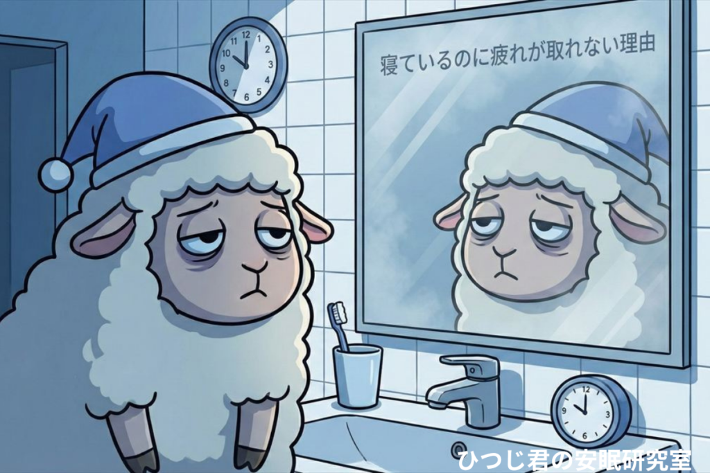 眠れているのに疲れが取れない朝のひつじ君のイラスト