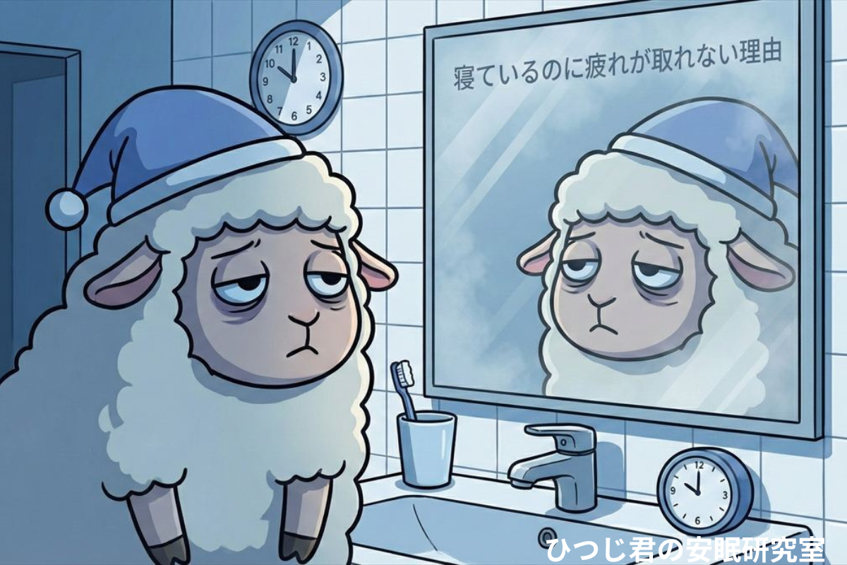 眠れているのに疲れが取れない朝のひつじ君のイラスト