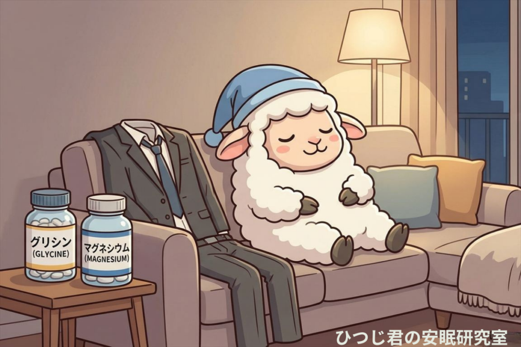 仕事帰りにソファで眠るひつじ君の横に、グリシンとマグネシウムのサプリが置かれているシーン