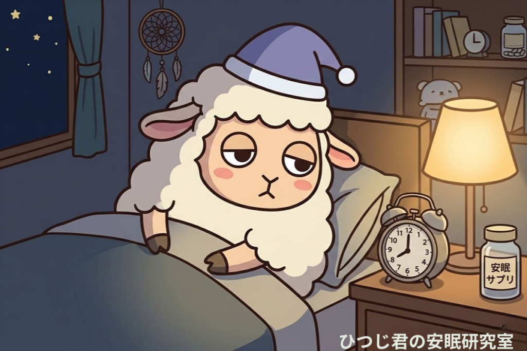 ひつじ君がベッドサイドの時計とサプリボトルを眺めているシーン