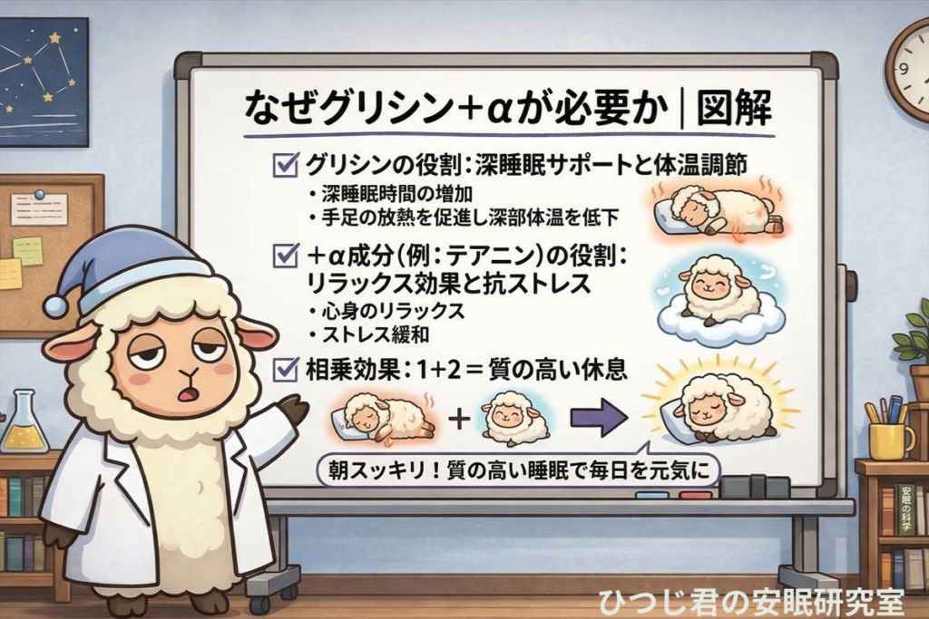 ひつじ君がホワイトボードの前でグリシンを中心とした図を説明しているシーン