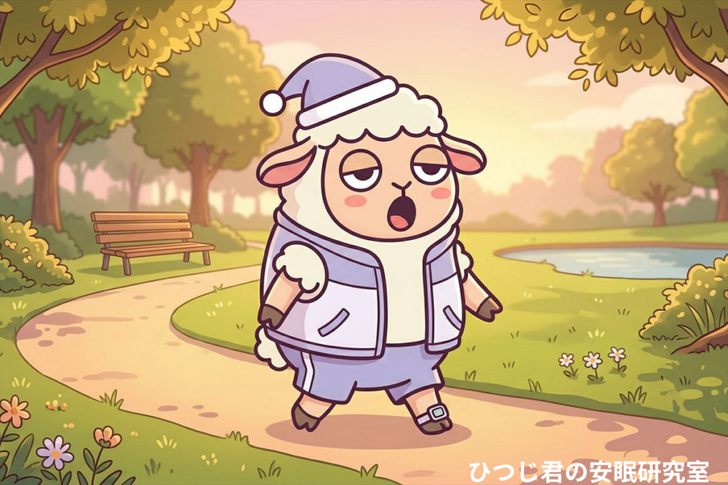 運動習慣はあるのに眠気や疲れが残るひつじ君が朝の公園を歩いているイメージ