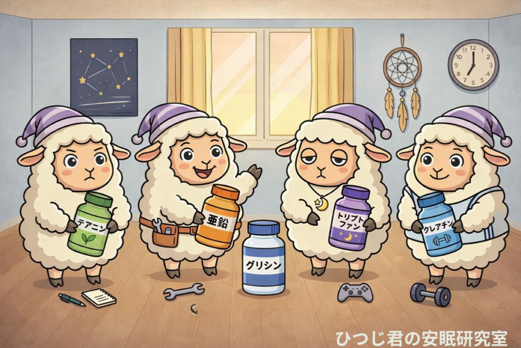 4匹のひつじ君がそれぞれ違うサプリを持って並んでいるシーン