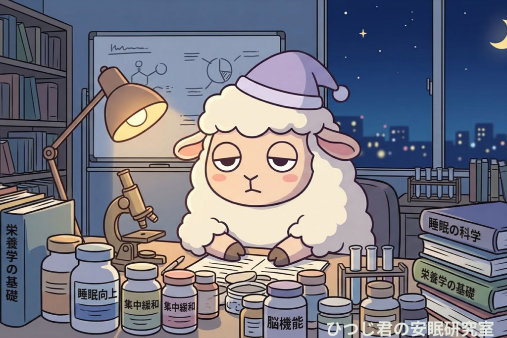 ひつじ君が研究デスクに座り、サプリボトルや本に囲まれている夜の研究室シーン