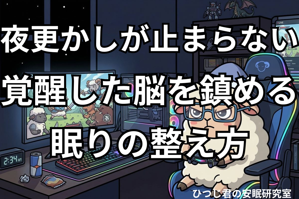 深夜にゲームへ没頭して眠るタイミングを逃しているひつじ君のアイキャッチ