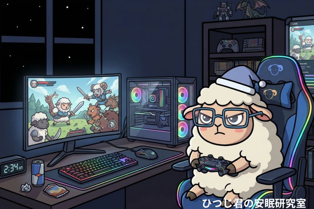 深夜にゲームへ没頭して眠るタイミングを逃しているひつじ君のイメージ