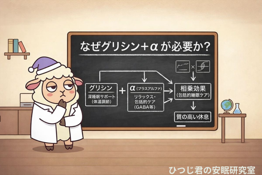 ひつじ君が黒板の前で組み合わせ図を眺めている考察シーン