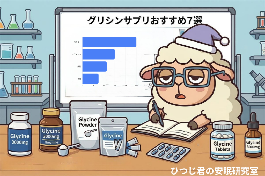 ひつじ君がグリシンサプリを比較・研究しているイラスト