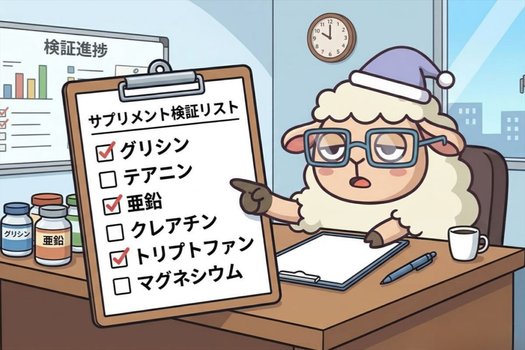 ひつじ君がクリップボードのチェックリストを指差しているシーン