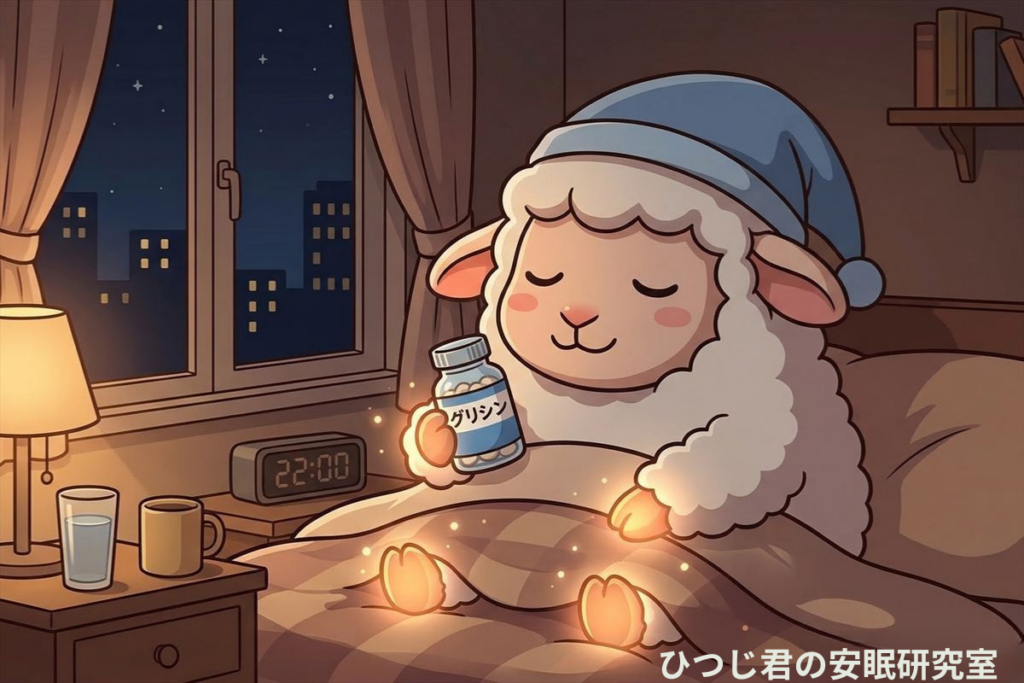 ひつじ君がグリシンボトルを持ち、手足がポカポカ光っている就寝前のシーン