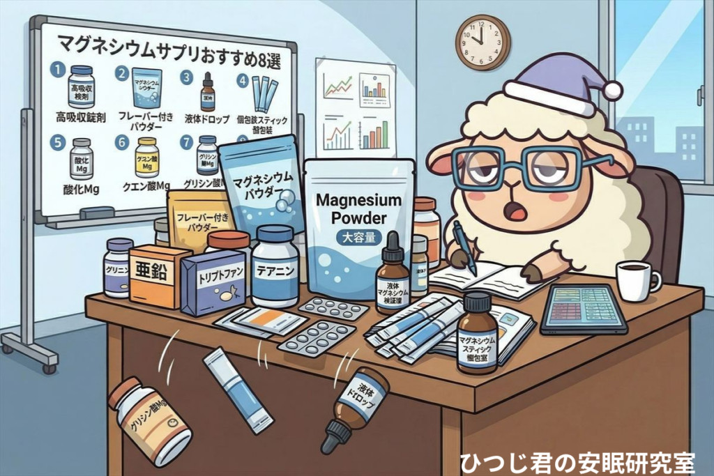 ひつじ君が大量のマグネシウムサプリを前に徹底比較・研究しているイラスト
