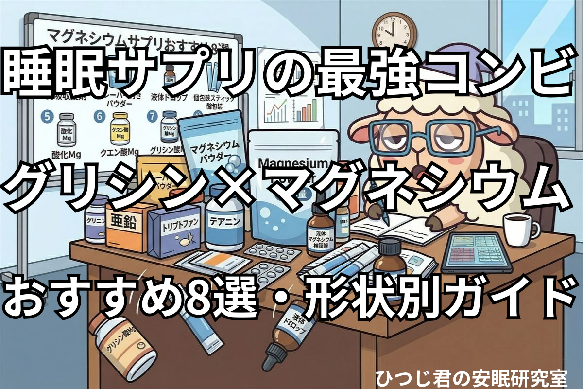 ひつじ君が大量のマグネシウムサプリを前に徹底比較・研究しているイラスト
