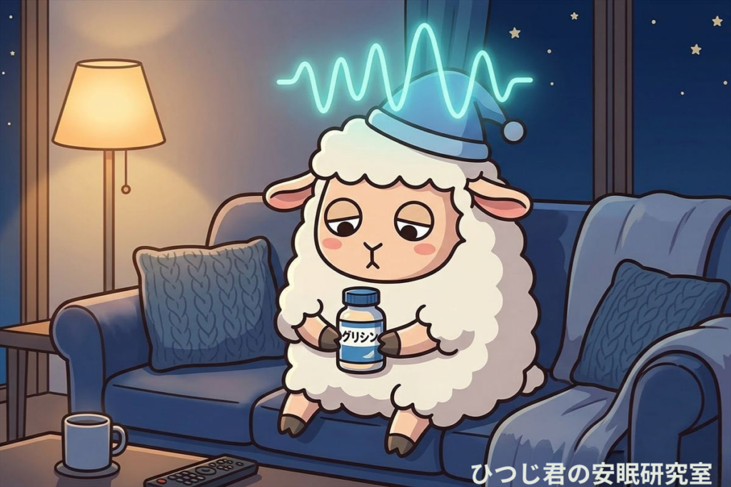 ひつじ君の頭の上に脳波のイラストが光り、グリシンボトルを持って首をかしげているシーン