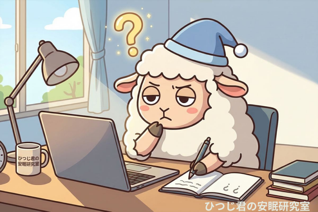 ひつじ君がノートを開いて頭の上に「？」が浮かんでいるシーン