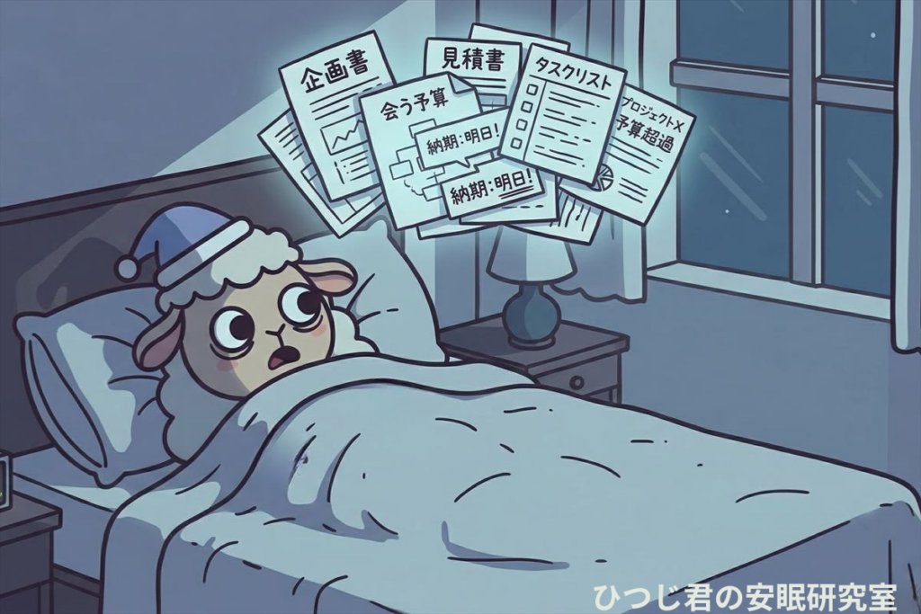 ひつじ君がベッドで目を開けたまま、頭の上に仕事の書類が浮かんでいるシーン