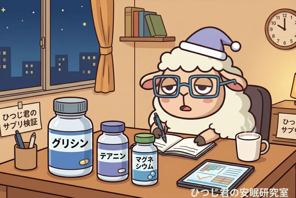 ひつじ君がデスクに3本のサプリを並べ、検証しているシーン