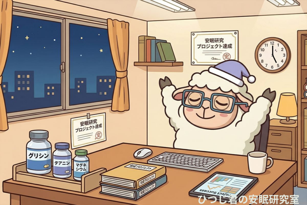 ひつじ君がグリシン・テアニン・マグネシウムのサプリを前に両手を上げて達成感を示しているオフィスの夜景シーン