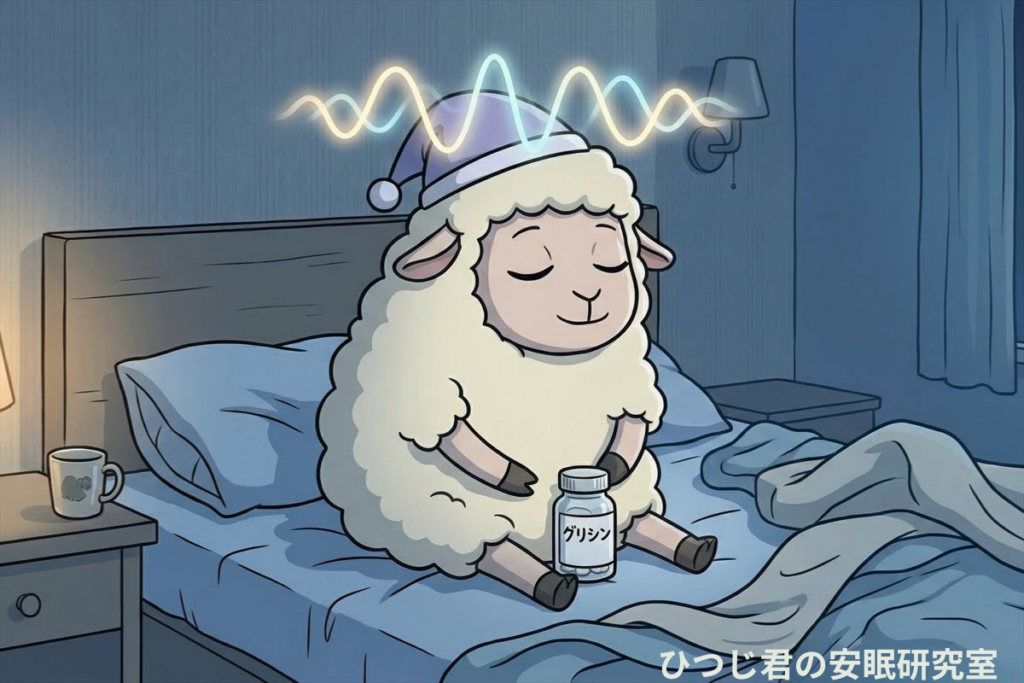 ひつじ君がリラックスした姿勢で、頭の周りにα波のやわらかい波形が描かれているシーン