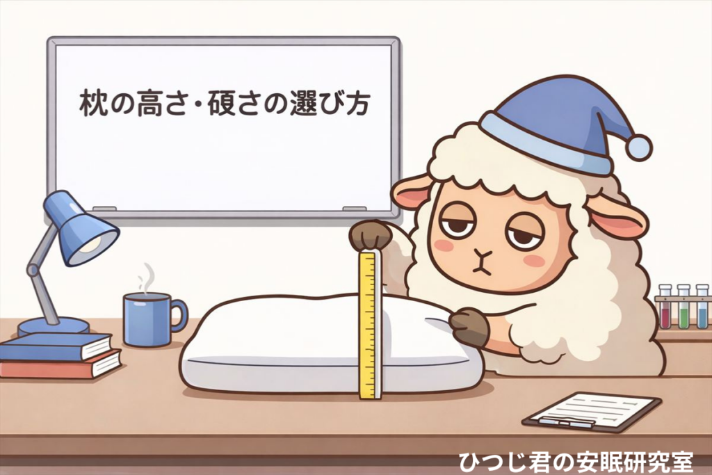② ALT
ひつじ君が定規で枕の高さを測りながら研究しているイラスト
