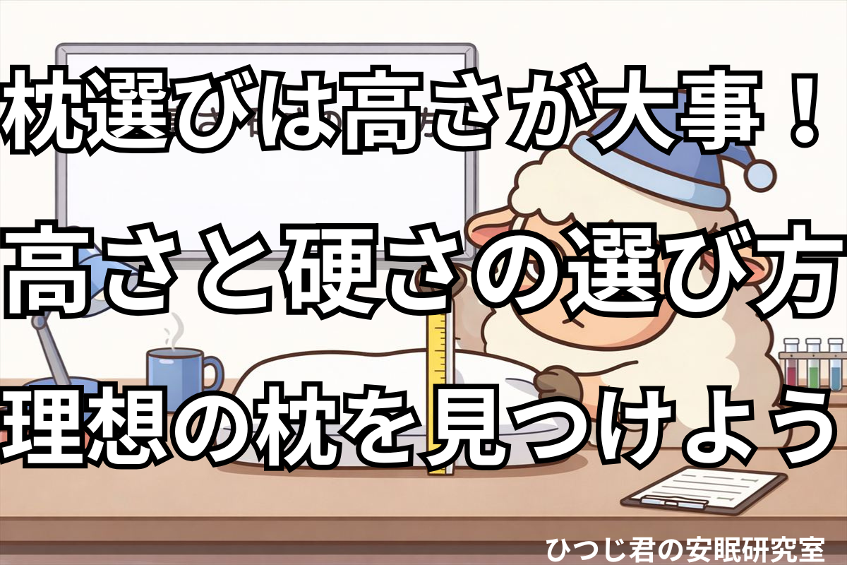 ② ALT ひつじ君が定規で枕の高さを測りながら研究しているイラスト