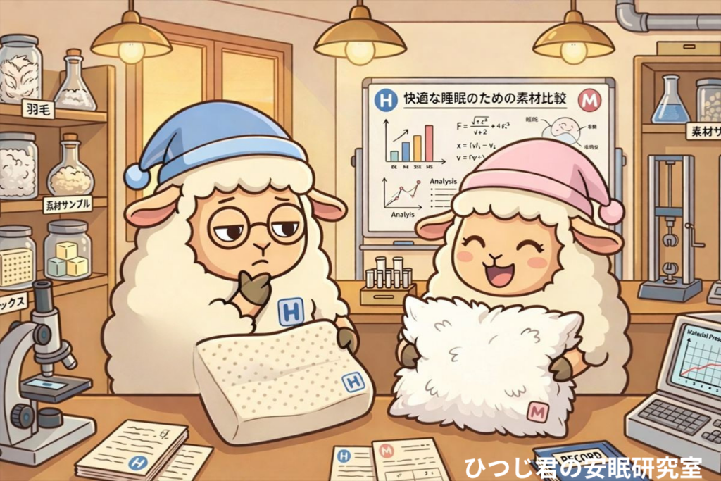 異なる枕素材を見比べながら特徴を比較しているひつじ君たちのイメージ