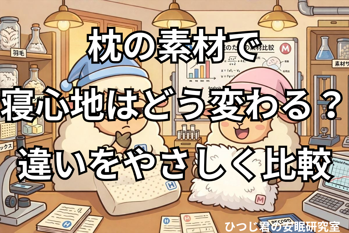 異なる枕素材を見比べながら特徴を比較しているひつじ君たちのイメージ