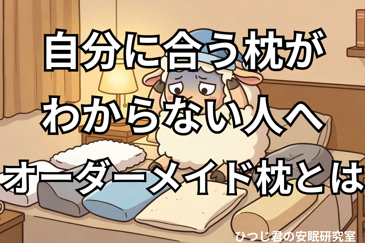 自分に合う枕が分からず複数の枕を前に悩んでいるひつじ君のイメージ