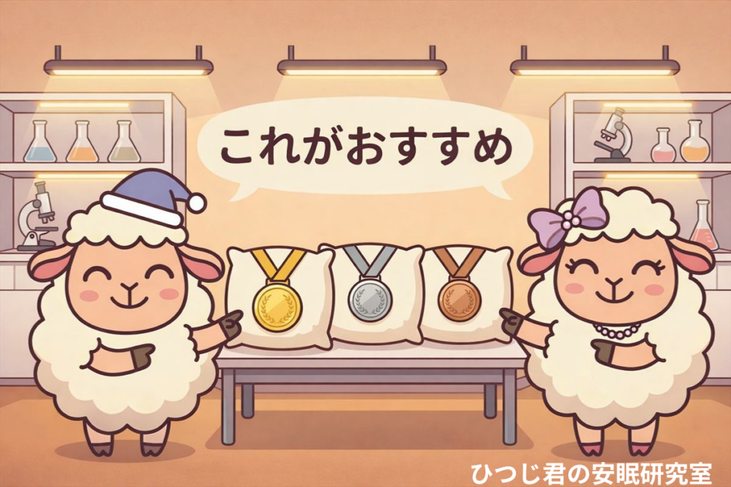 ひつじ君とメイちゃんが枕におすすめランキングのメダルを並べて紹介しているイラスト