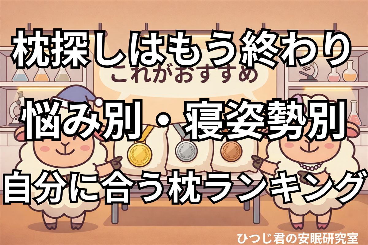 ひつじ君とメイちゃんが枕におすすめランキングのメダルを並べて紹介しているイラスト