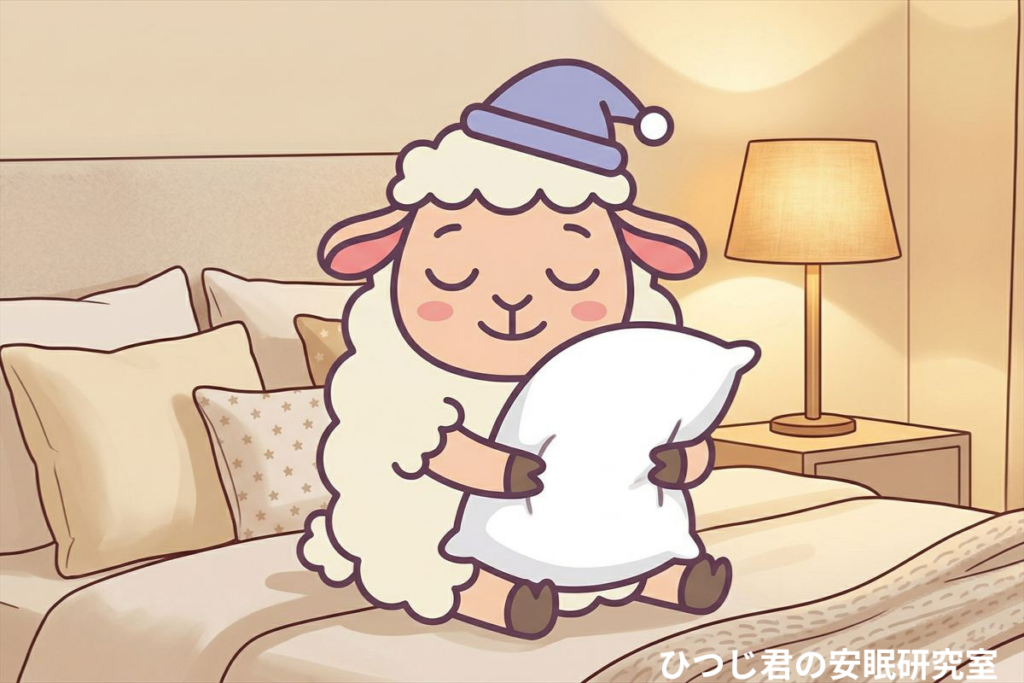 自分に合う枕を選びたいひつじ君がベッドの上で枕を抱えているイメージ
