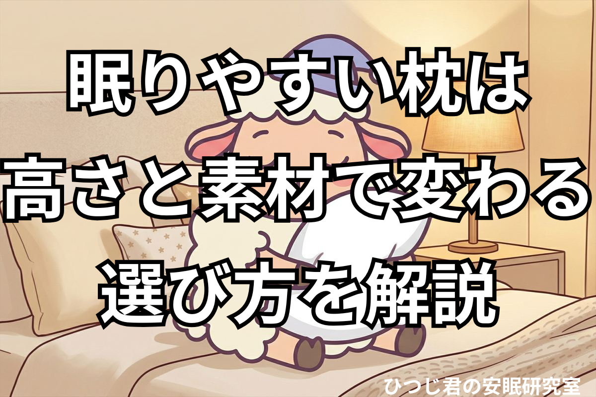 自分に合う枕を選びたいひつじ君がベッドの上で枕を抱えているイメージ