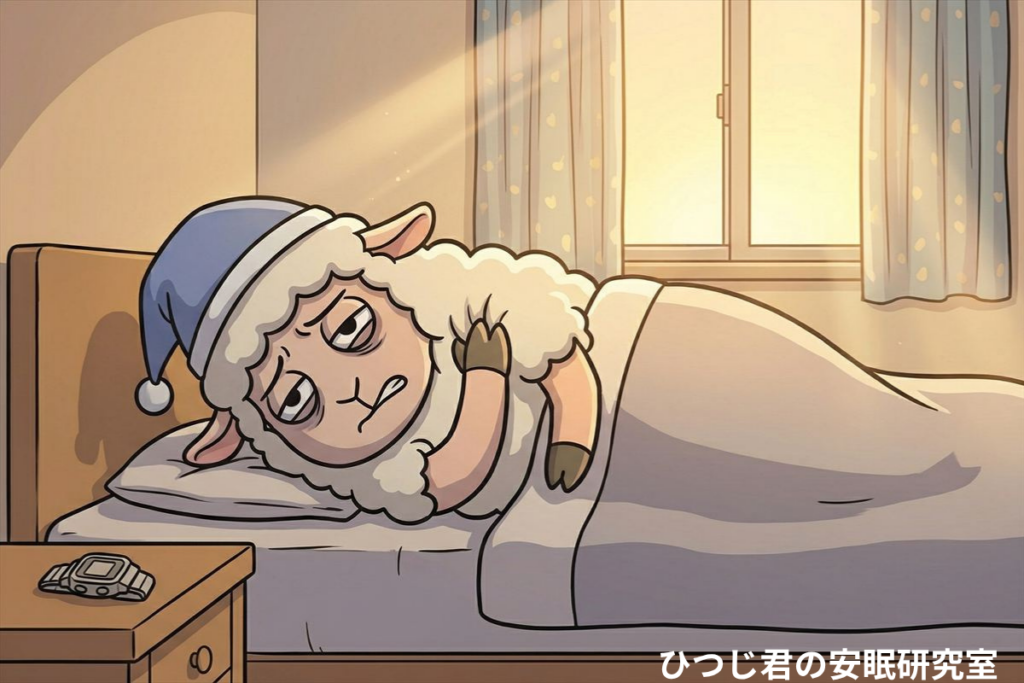 横向きで寝たあと肩のつらさを感じているひつじ君のイメージ