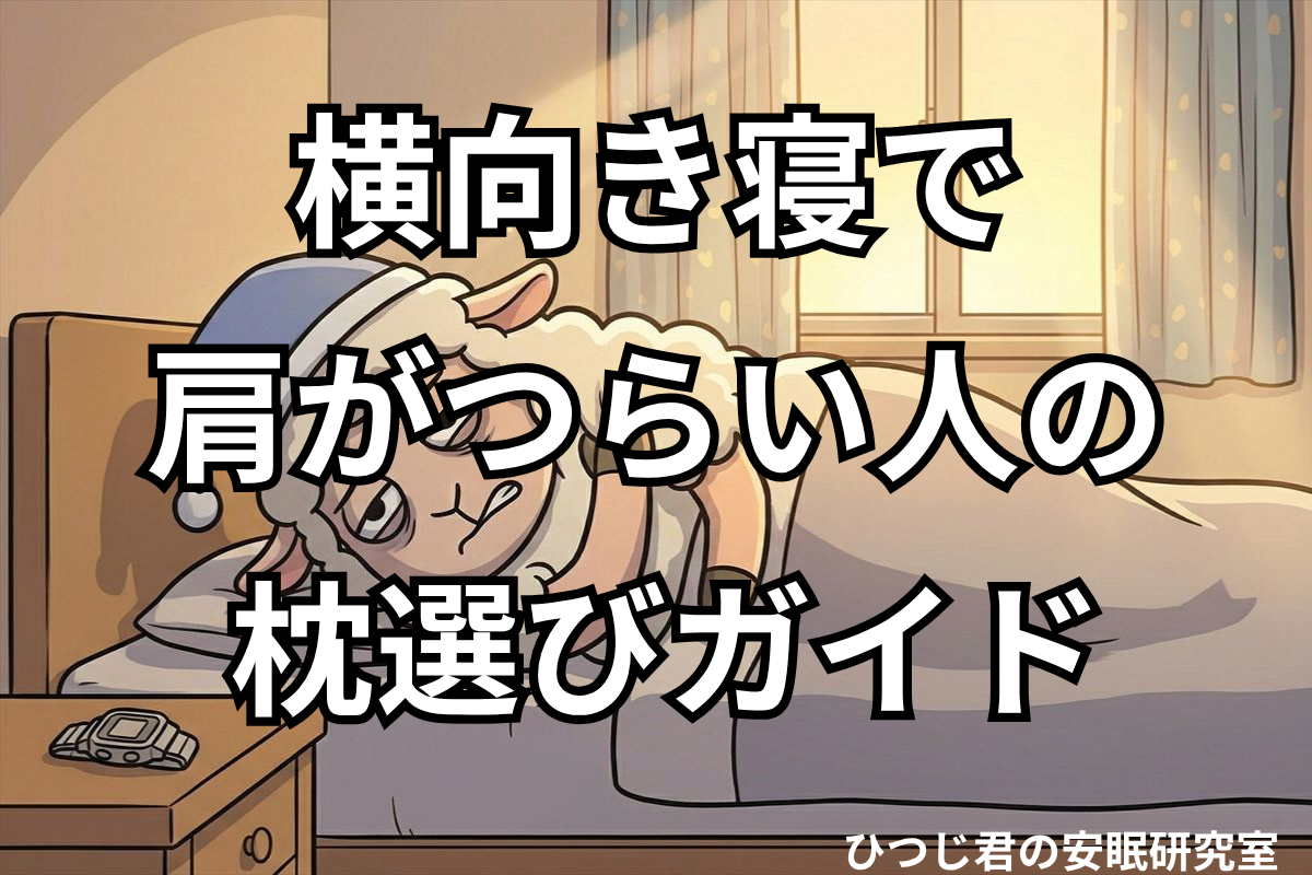 横向きで寝たあと肩のつらさを感じているひつじ君のイメージ
