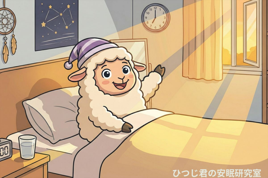 サプリ併用で睡眠の質が上がりさわやかに目覚めえるひつじ君
