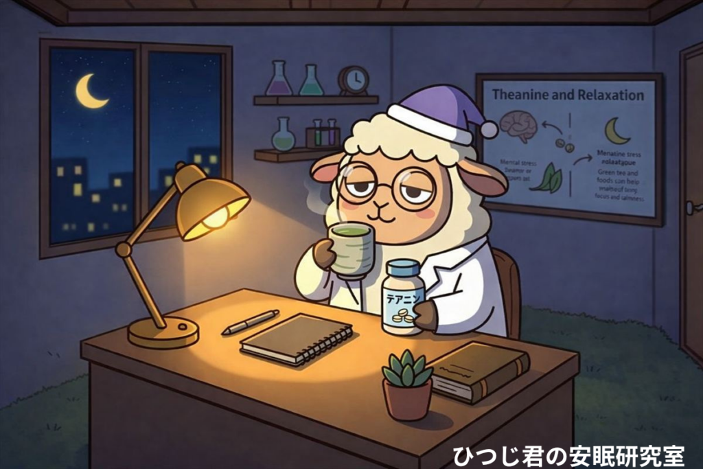 夜の研究室でひつじ君がテアニンサプリを手にお茶を飲んでいるイラスト