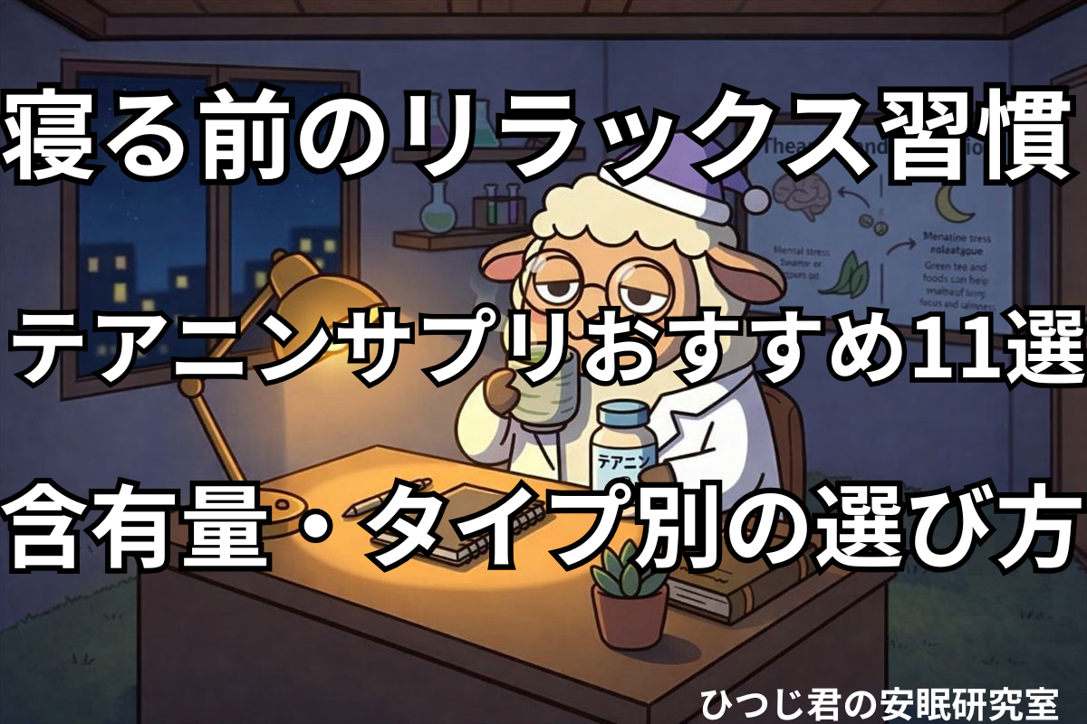夜の研究室でひつじ君がテアニンサプリを手にお茶を飲んでいるイラスト