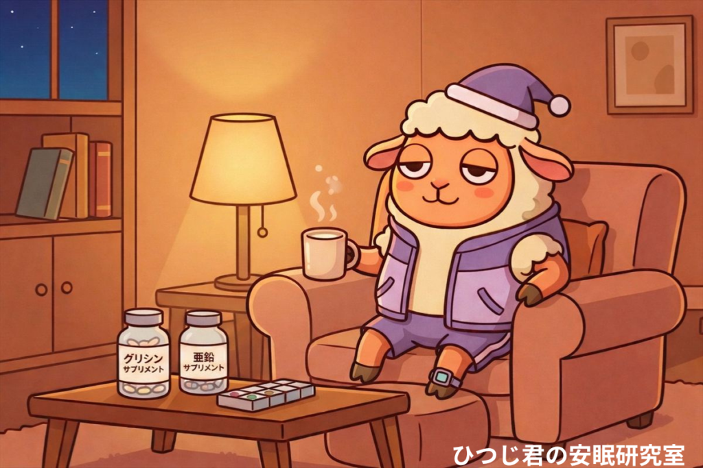ひつじ君が夜のリビングでグリシンと亜鉛サプリを前にお茶でリラックスしているイラスト