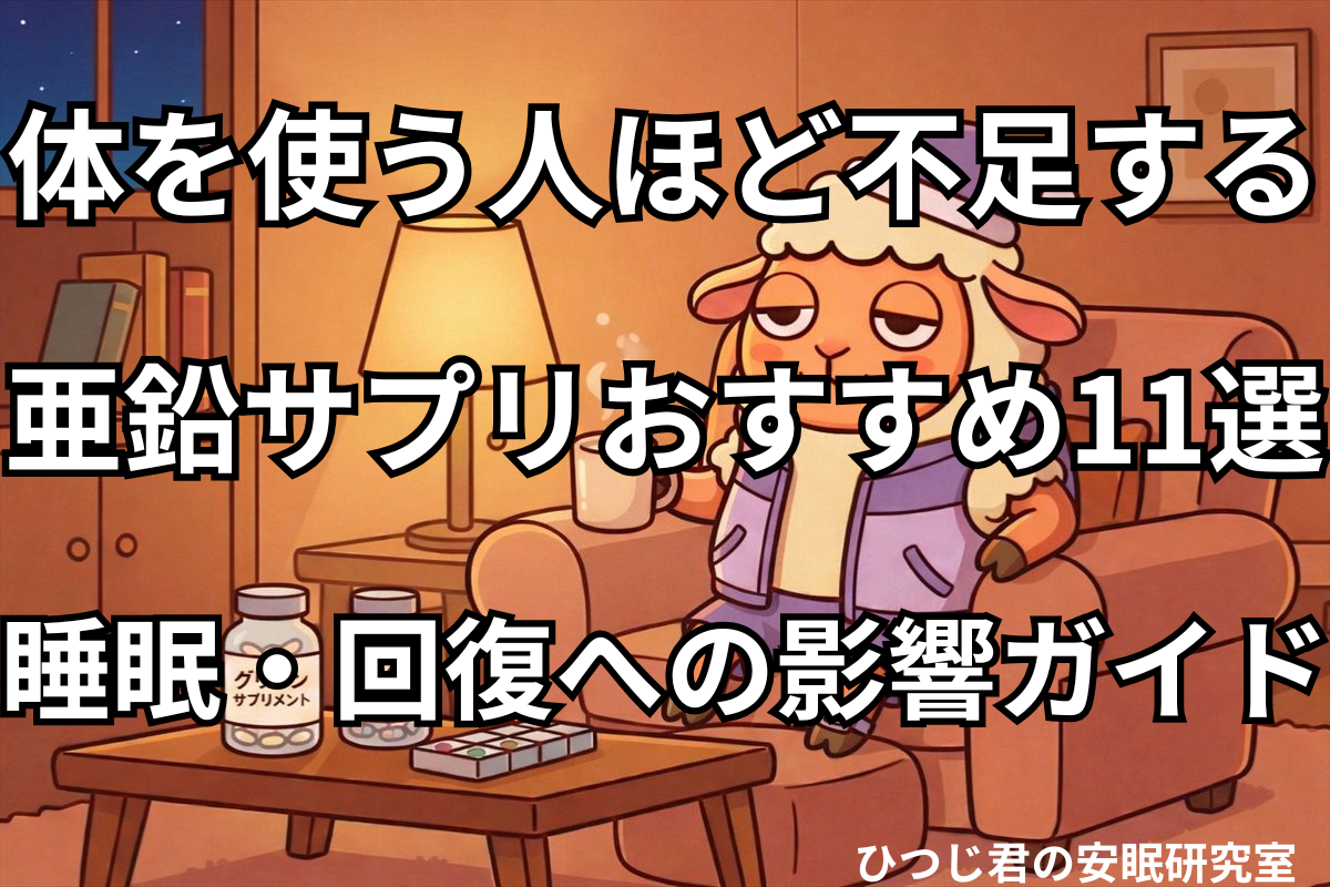 ひつじ君が夜のリビングでグリシンと亜鉛サプリを前にお茶でリラックスしているイラスト