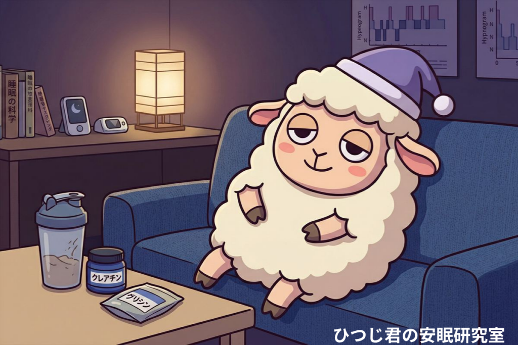 ひつじ君が夜のリビングでクレアチンとグリシンのサプリを前にリラックスしているシーン