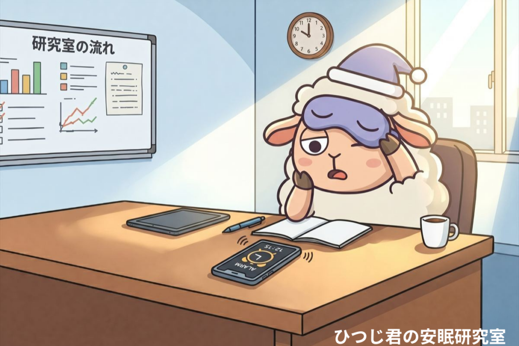 ひつじ君がアラームに気づきアイマスクをずらしながら目を開けているシーン