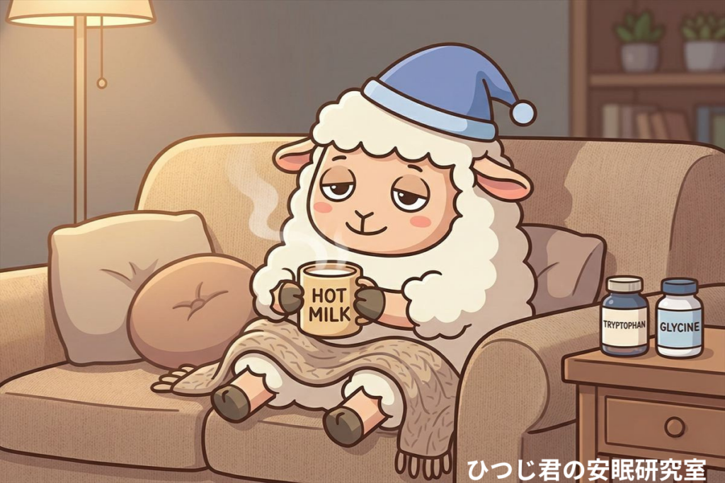 ひつじ君が夜の寝室でトリプトファンのサプリを前にホットミルクを飲んでいるシーン